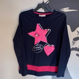 Desigual Long Sleeve Blue/Pink Tee Shirt w/Sequin Embellishment - Size 13/14
